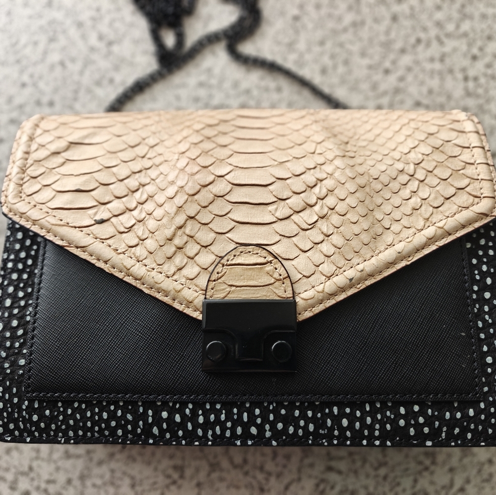 LOEFFLER RANDALL Crossbody Purse Colorblock Print Black Embossed Leather Nude